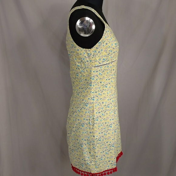 Vintage Cotton Mini Dress Yellow Floral Red Trim - Picture 4 of 8